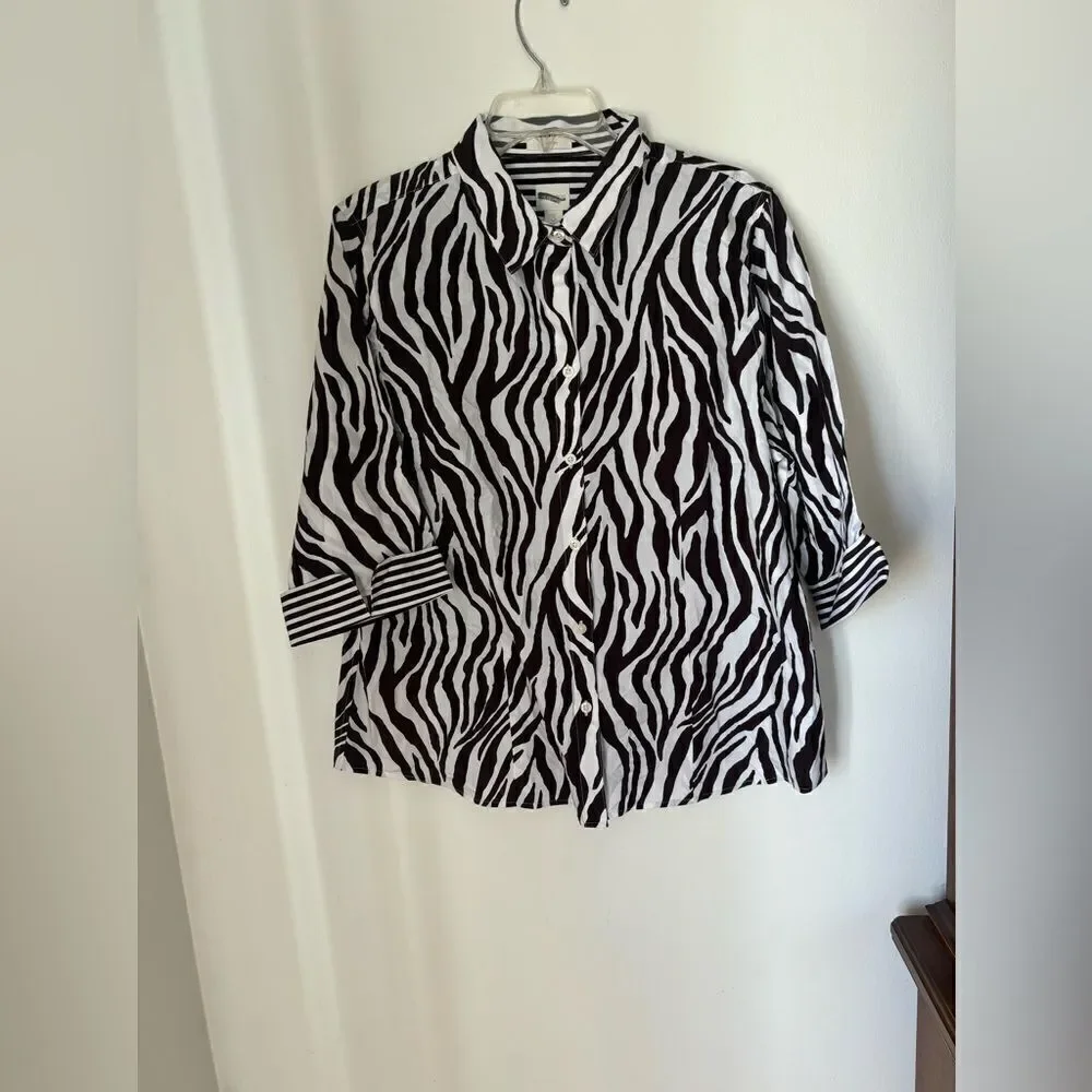 Chico's NWT Brown White Zebra Print Button Front Shirt Size 3 new with tags